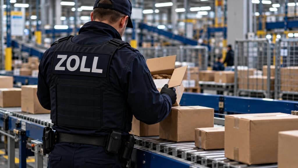 Temazepam im Postweg: Zollbeamter prüft ein geöffnetes Paket am Rollenband eines Verteilzentrums