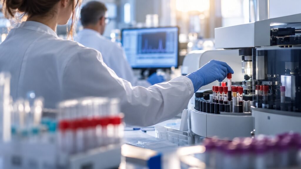 THC-COOH in der Blutanalyse: Laborantin setzt Blutröhrchen in ein Analysegerät, im Hintergrund ein Chromatogramm