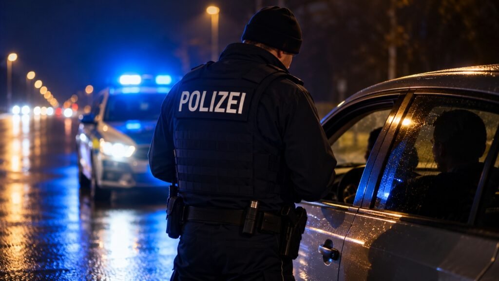THC-Grenzwert bei einer nächtlichen Verkehrskontrolle: ein Polizeibeamter spricht am Fahrerfenster mit dem Fahrer, im Hintergrund ein Streifenwagen mit Blaulicht