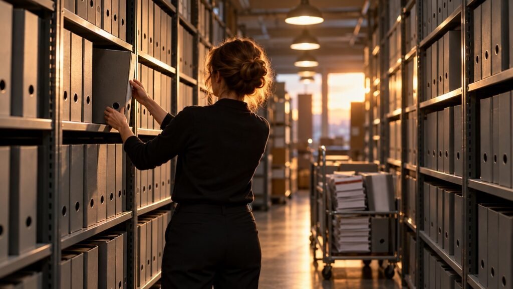 Tilgungsfrist im Fahreignungsregister: Sachbearbeiterin zieht im Behördenarchiv einen Ordner aus dem Regal