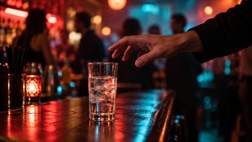 Unbewusste Einnahme am Bartresen: ein unbeaufsichtigtes Glas im Vordergrund, eine fremde Hand greift darüber