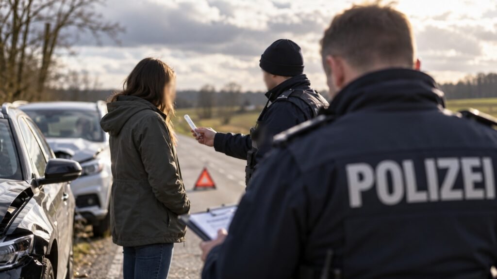 Unfallaufnahme bei Drogenverdacht: Polizeibeamter reicht einer Fahrerin an der Unfallstelle einen Speicheltest