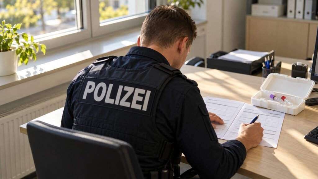 Untersuchungsauftrag am Schreibtisch: Polizeibeamter von hinten in dunkelblauer Einsatzweste mit Aufschrift POLIZEI füllt bei Tageslicht ein zweiseitiges Formular aus, daneben ein Transportbehälter für Blutproben