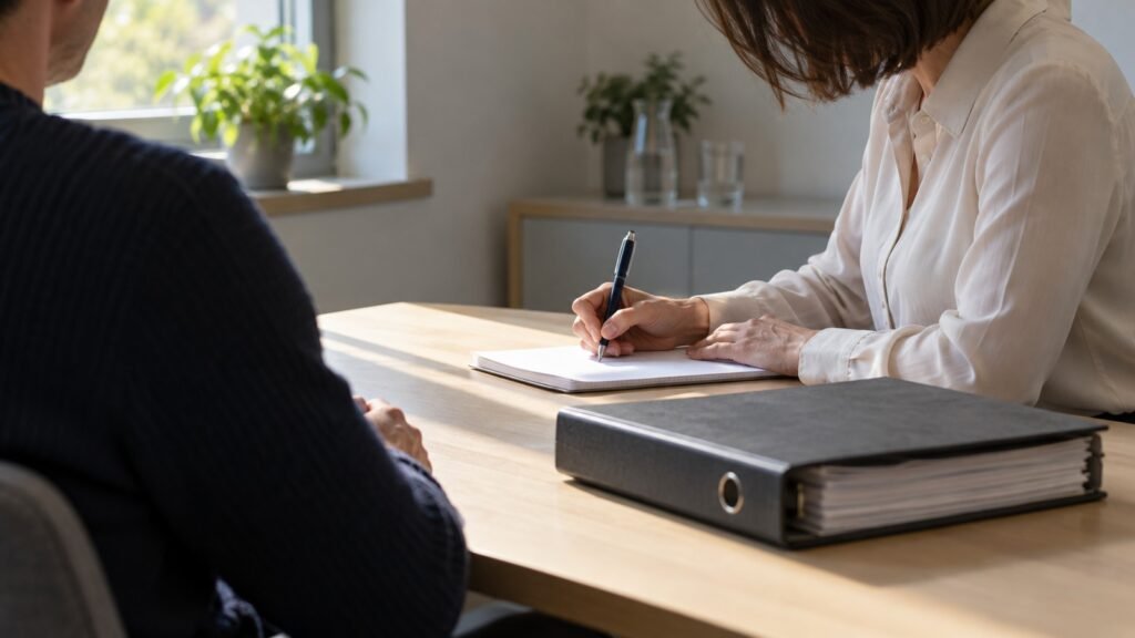 Untersuchungsgespräch in der MPU: zwei Personen sitzen sich an einem Tisch gegenüber, eine macht Notizen, Seitenlicht