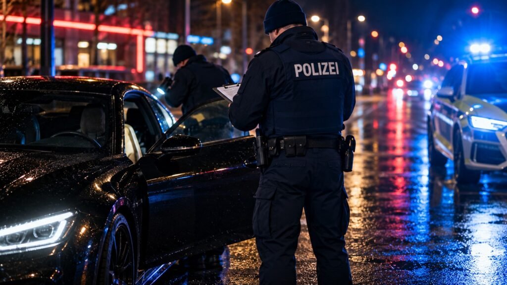 Verkehrsauffälligkeit nach einer nächtlichen Verkehrskontrolle: zwei Polizeibeamte mit dem Schriftzug POLIZEI nehmen auf nassem Asphalt einen Fahrer auf.