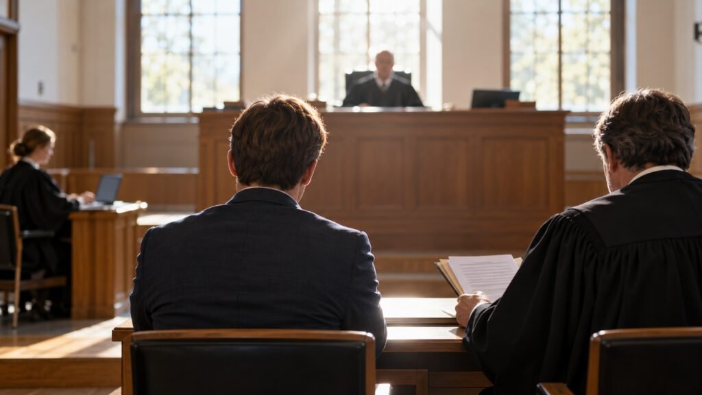 Vollrausch: Strafverhandlung im Amtsgericht, Angeklagter und Verteidiger in Robe von hinten vor der erhöhten Richterbank
