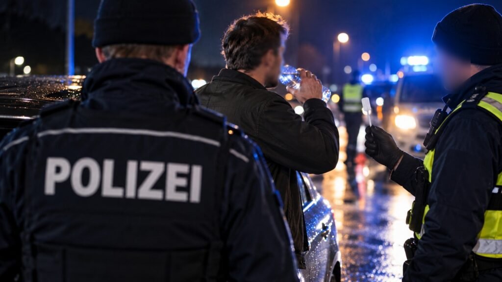 Vortest bei der Verkehrskontrolle: Fahrer trinkt nachts Wasser, Polizeibeamter hält einen Speicheltest bereit