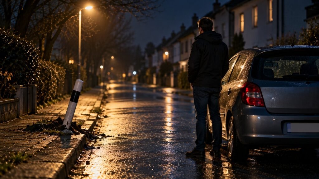 Wartepflicht nach einem Unfall mit Alkohol: ein Mann wartet nachts auf nasser Wohnstraße neben seinem Auto vor einem umgefahrenen Verkehrspfosten