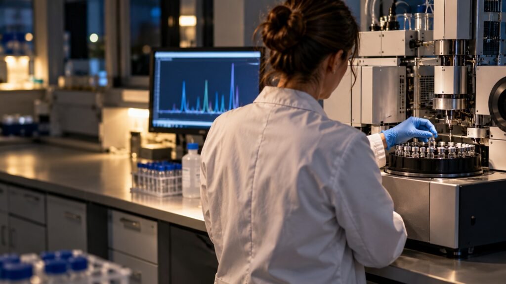 Wirkstoffscreening im Labor: Technikerin von halb hinten im weißen Kittel vor einem Massenspektrometer, auf dem Bildschirm unbeschriftete Chromatogrammkurven, abends bei Kunstlicht