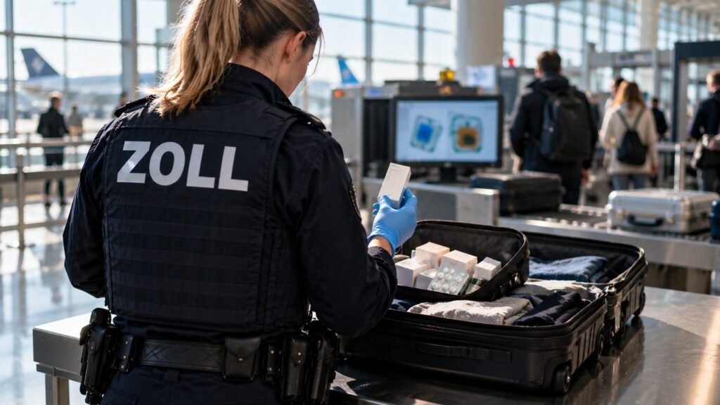 Zopiclon: Zollbeamtin prüft an der Gepäckkontrolle eine Medikamentenschachtel aus einem geöffneten Koffer