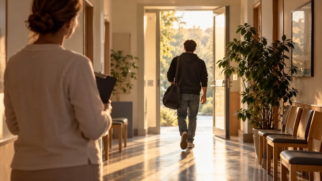Zurückstellung der Strafvollstreckung nach § 35 BtMG: Ein Mann mit Reisetasche betritt im Nachmittagslicht eine Therapieeinrichtung, eine Mitarbeiterin mit Klemmbrett steht im Vordergrund.